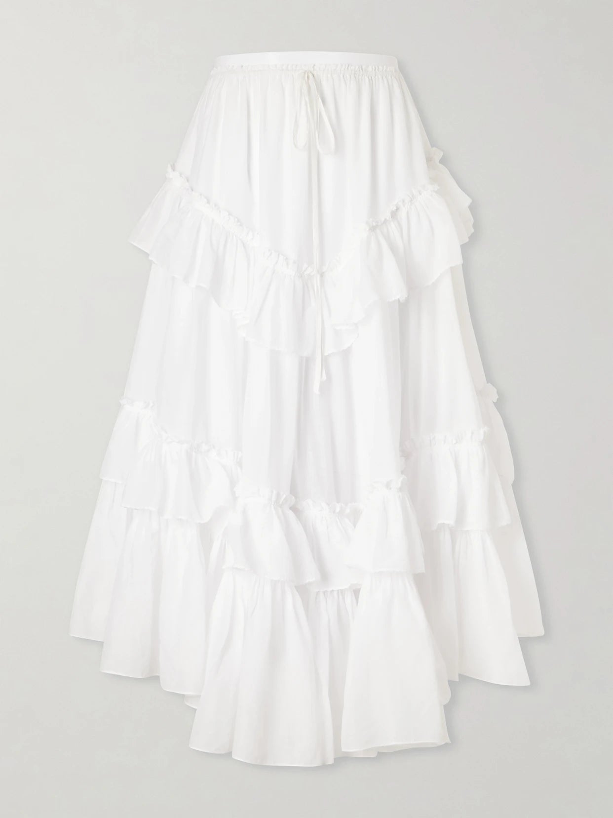 Image of a model wearing Skirts. Product name - Ruffled Tiered Cotton-voile Midi Skirt in White colour by brand - Chloé