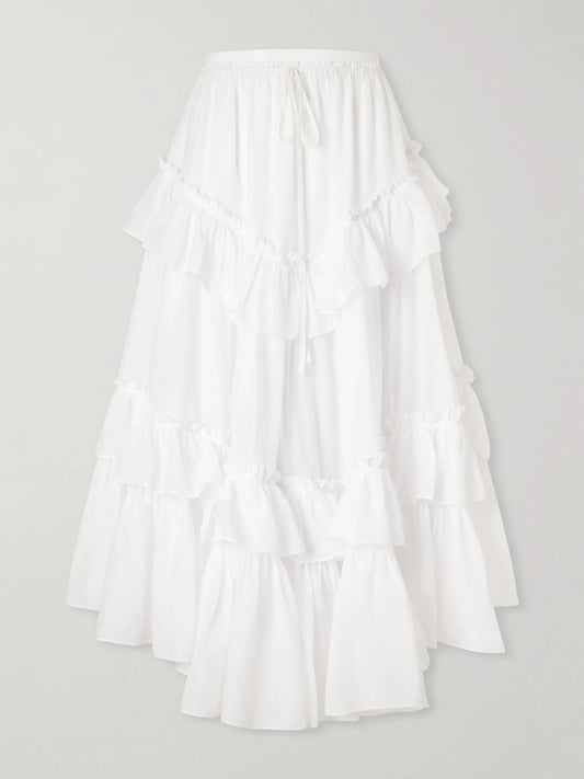 Image of a model wearing Skirts. Product name - Ruffled Tiered Cotton-voile Midi Skirt in White colour by brand - Chloé