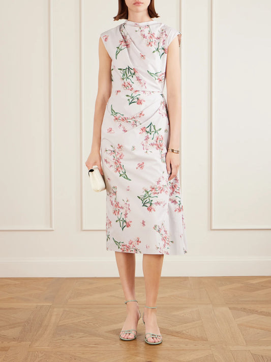 Image of Dresses. Product name - Floral-print Cotton-poplin Midi Dress in White colour by brand - Erdem