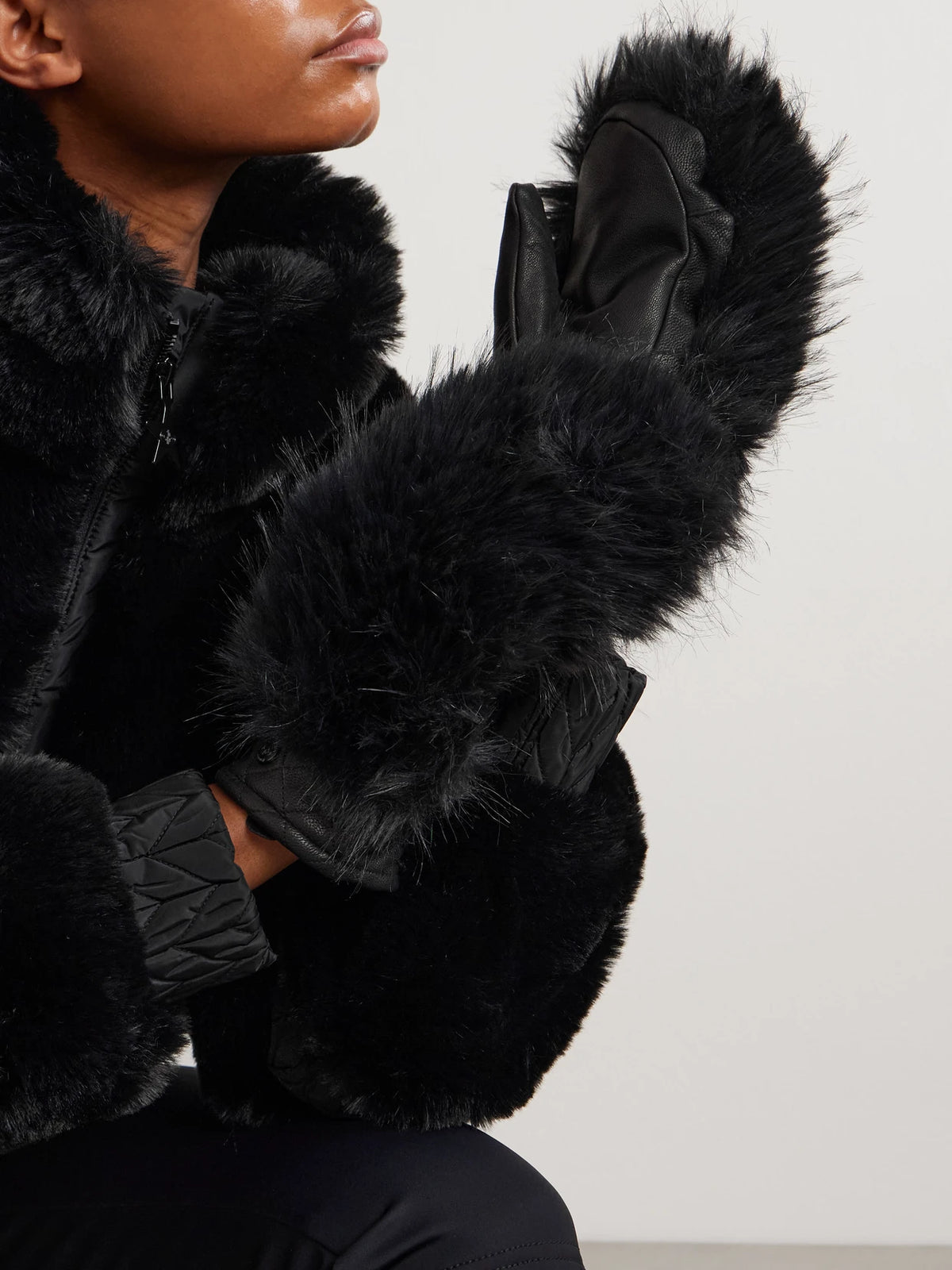 Image of Accessories. Product name - Hill Plush-trimmed Padded Leather Ski Gloves in Black colour by brand - Goldbergh