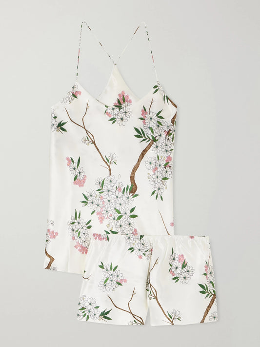 Image of Lingerie. Product name - Bella Floral-print Silk-satin Pajama Set in White colour by brand - Olivia von Halle