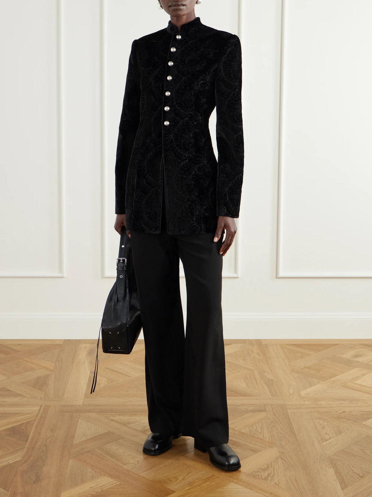 Image of Coats & Jackets. Product name - Yana Paisely-embroidered Velvet Jacket in Black colour by brand - Ann Demeulemeester