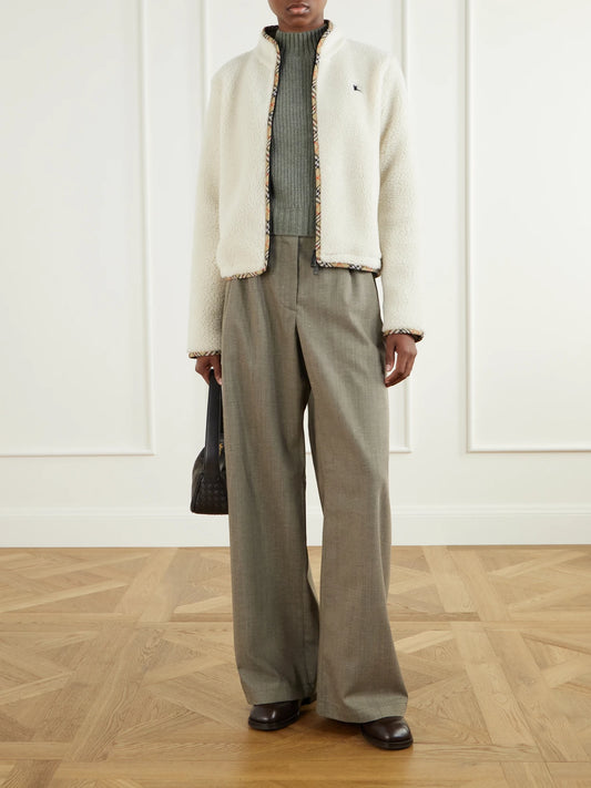 Image of Coats & Jackets. Product name - Check-trimmed Wool-blend Plush Jacket in White colour by brand - Burberry
