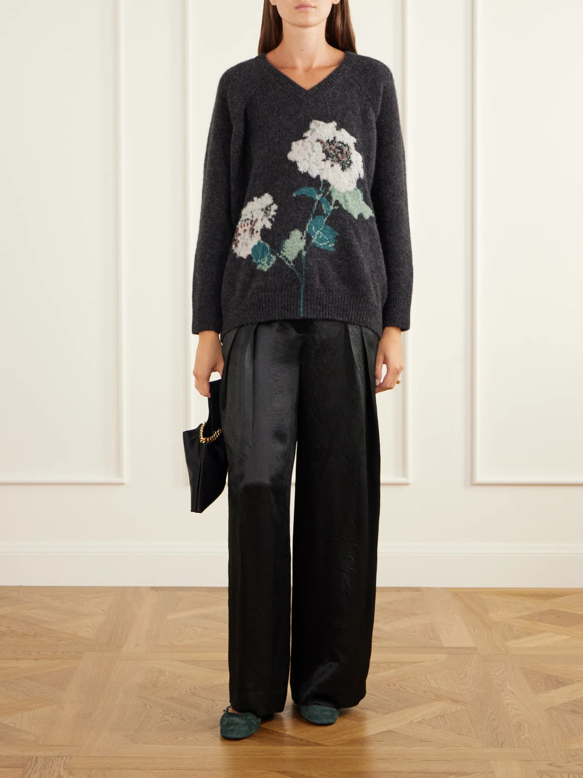 Image of a model wearing Outerwear. Product name - Kane Brushed Intarsia-knit Sweater in Gray colour by brand - BERNADETTE