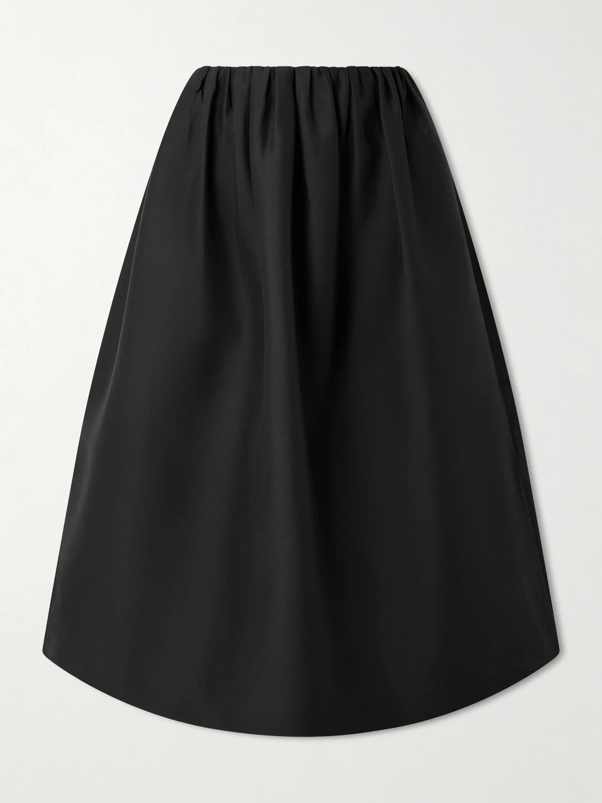 Image of a model wearing Skirts. Product name - Gathered Wool And Silk-blend Midi Skirt in Black colour by brand - TOTEME