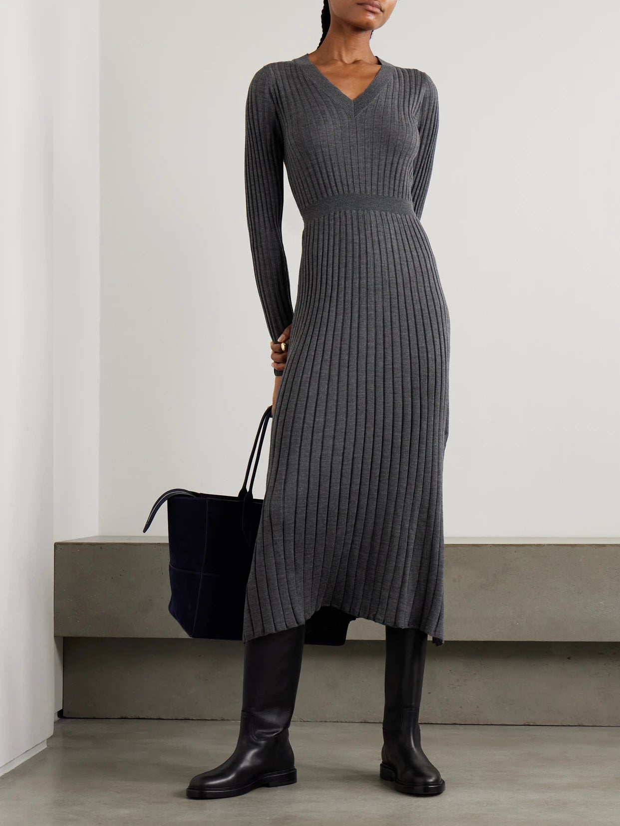 Image of Dresses. Product name - Ribbed Wool Midi Dress in Dark gray colour by brand - Brunello Cucinelli