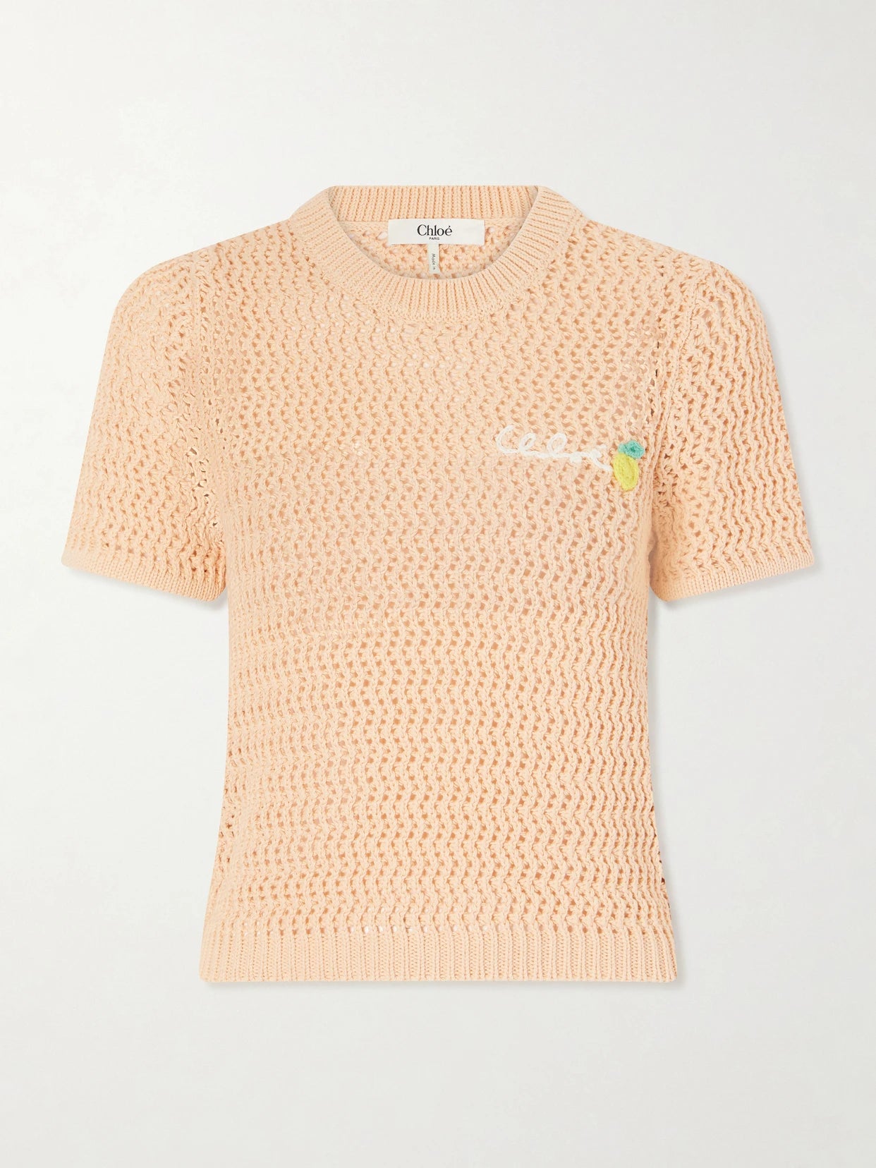Image of a model wearing Tops. Product name - Logo-embroidered Crocheted Cotton T-shirt in Orange colour by brand - Chloé