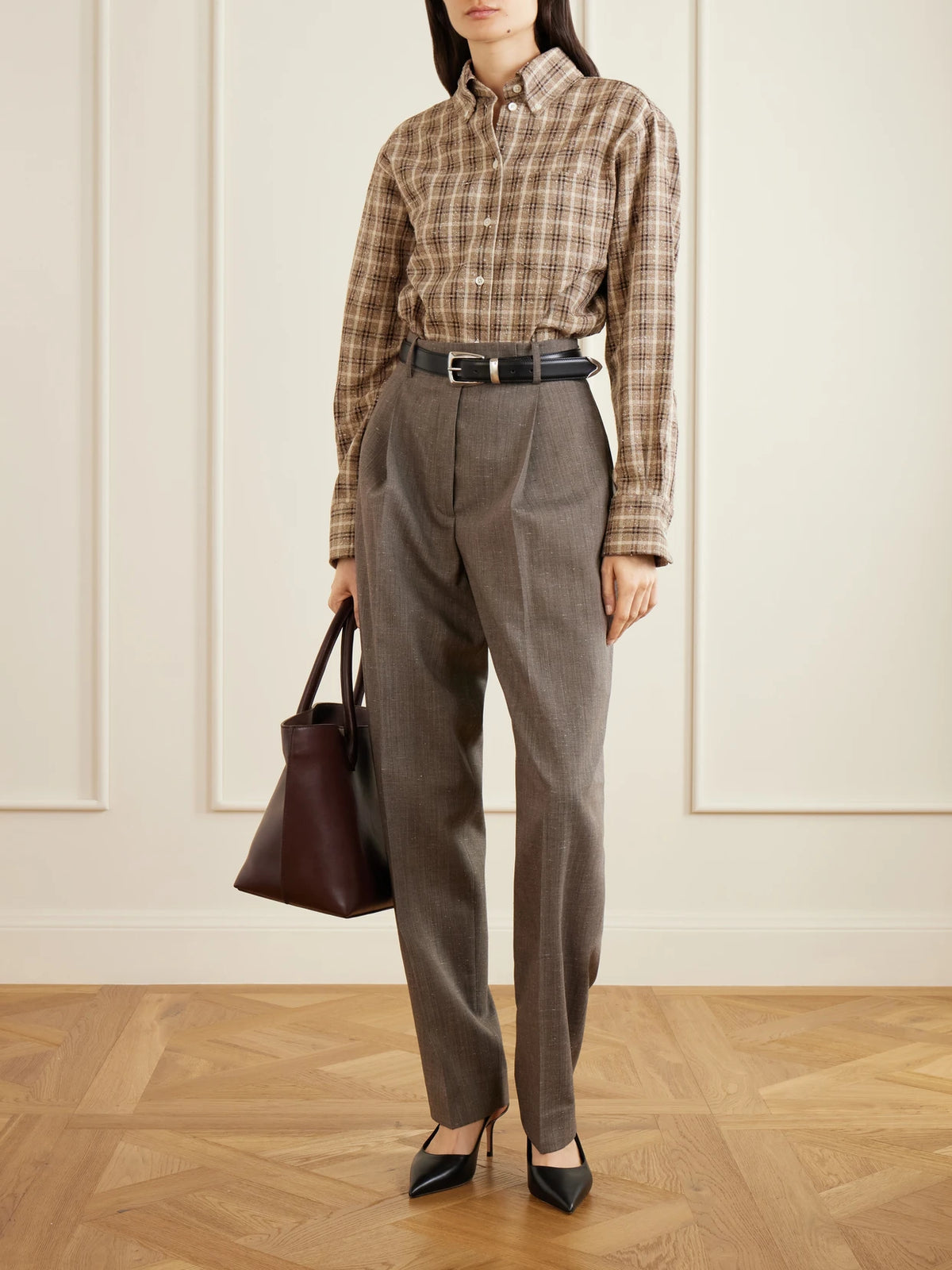 Image of a model wearing Tops. Product name - Oxford Checked Cotton-bouclé Shirt in Brown colour by brand - RÓHE