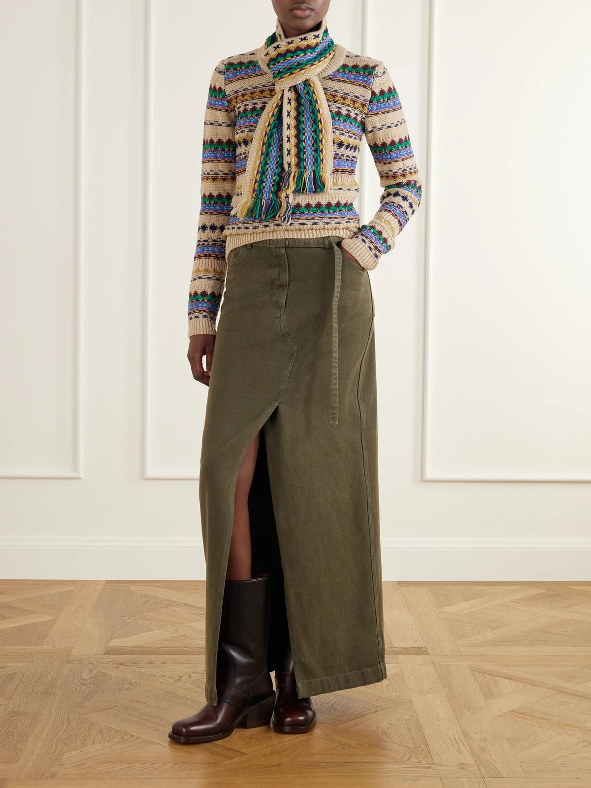 Image of a model wearing Outerwear. Product name - Intarsia-knit Wool Sweater in Multi colour by brand - Dries Van Noten