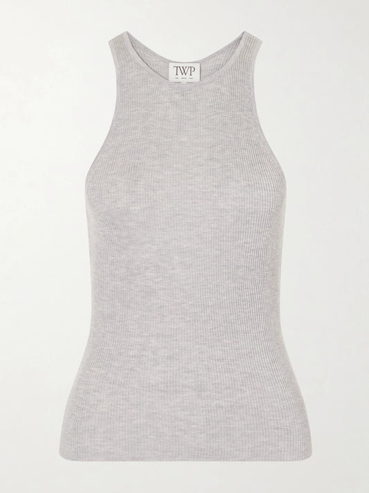 Image of a model wearing Tops. Product name - Harbor Ribbed-knit Tank in Light gray colour by brand - TWP