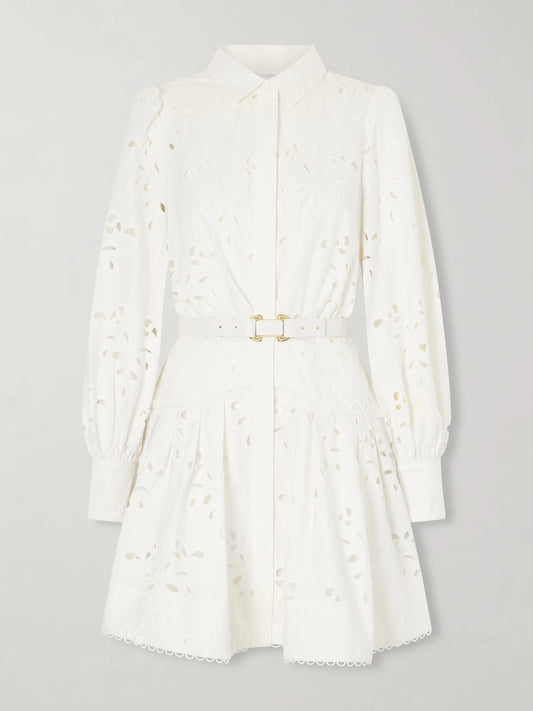 Image of Dresses. Product name - Artesan Beltedbroderie Anglaise Poplin Mini Dress in White colour by brand - Rebecca Vallance