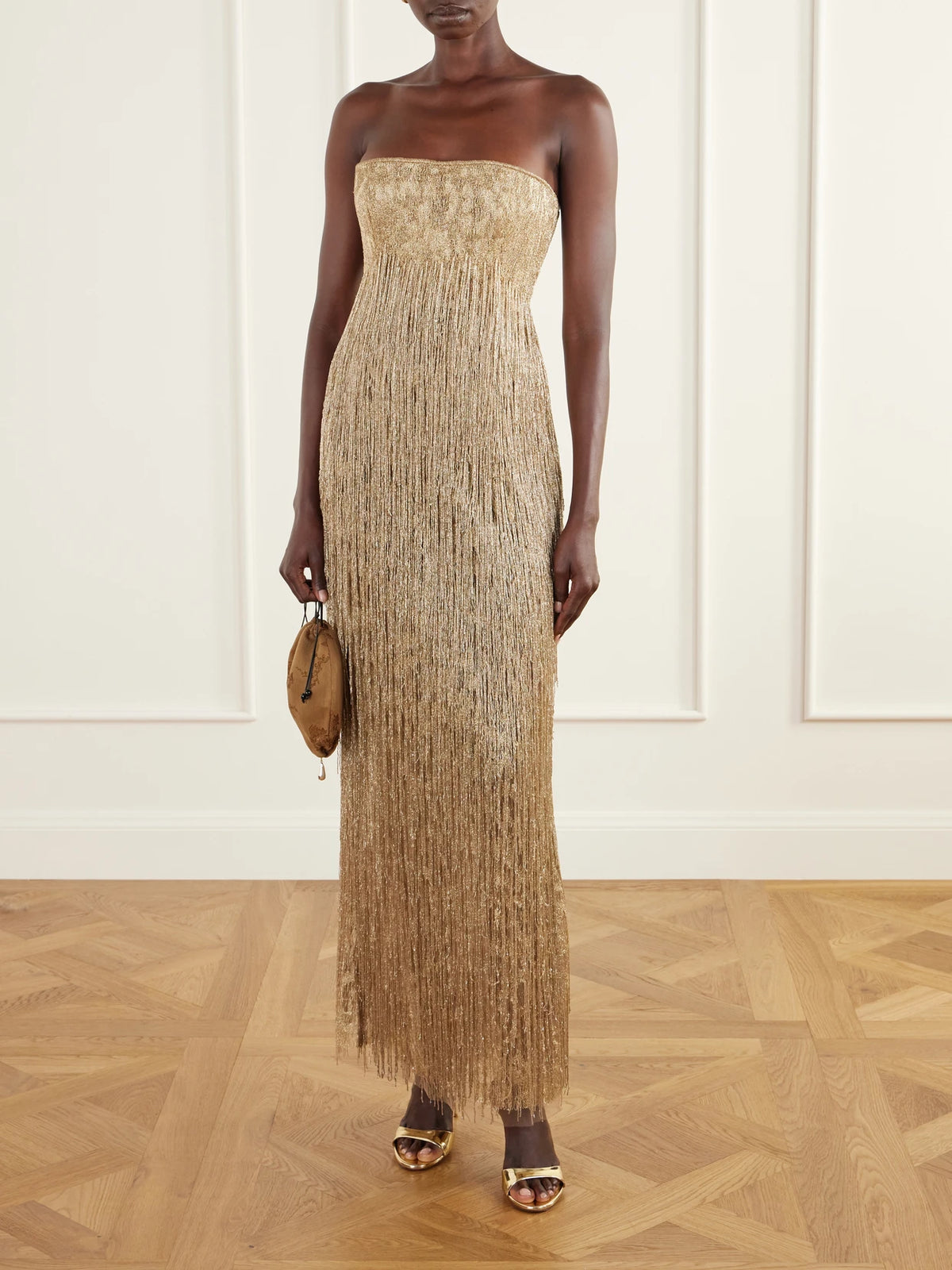 Image of Dresses. Product name - Strapless Bead-embellished Corset Gown in Gold colour by brand - Marmar Halim
