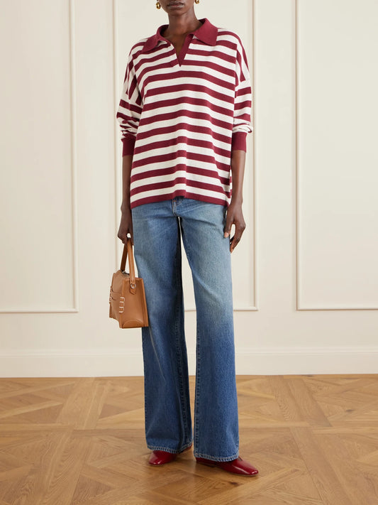 Image of a model wearing Outerwear. Product name - Victoria Striped Cashmere Polo Shirt in Burgundy colour by brand - Arch4