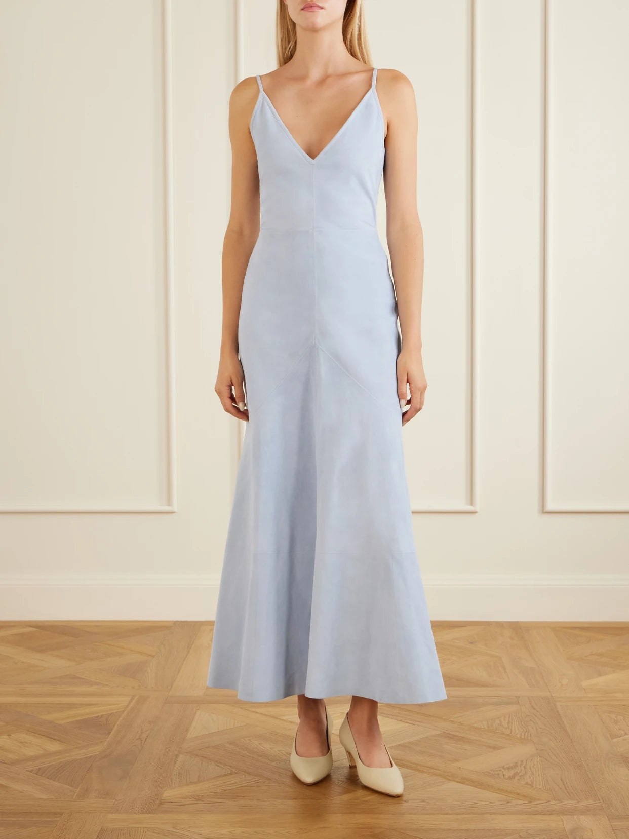 Image of Dresses. Product name - Brigita Lamb Suede Midi Dress in Sky blue colour by brand - Gabriela Hearst