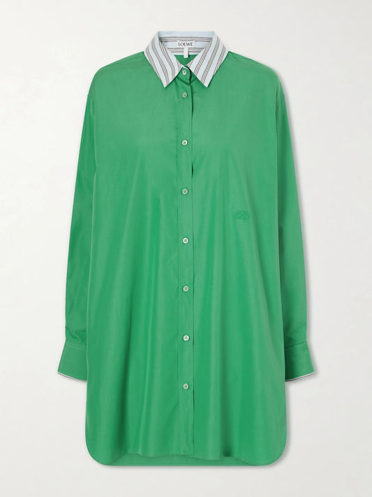 Image of Dresses. Product name - Logo-embroidered Cotton-poplin Midi Shirt Dress in Green colour by brand - LOEWE