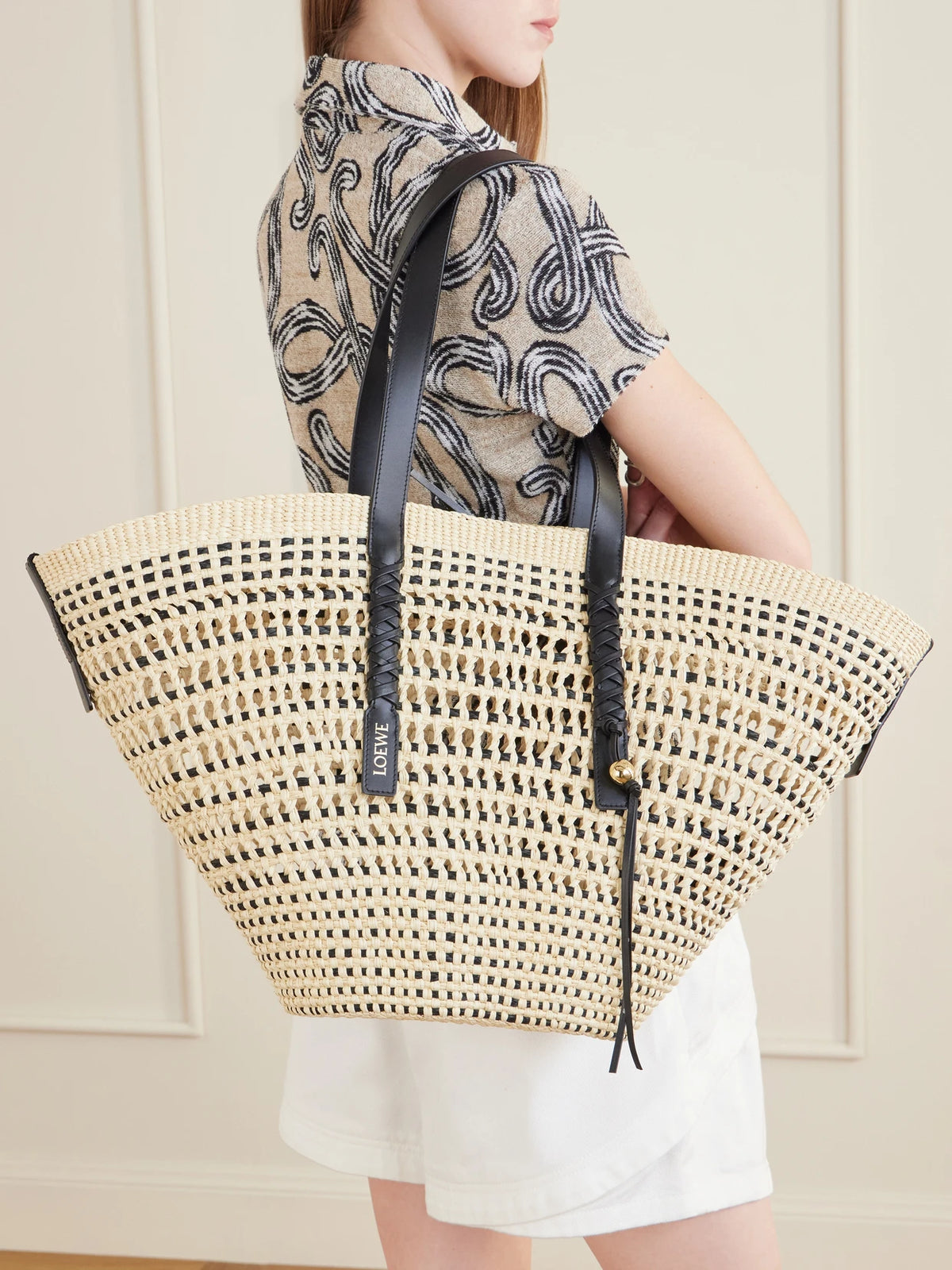Image of Bags. Product name - + Paula's Ibiza Leather-trimmed Iraca Tote in Neutral colour by brand - LOEWE