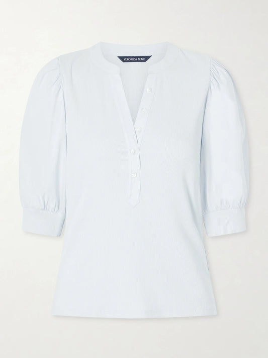 Image of a model wearing Tops. Product name - Coralee Poplin And Ribbed Stretch-pima Cotton-jersey Top in Light blue colour by brand - Veronica Beard