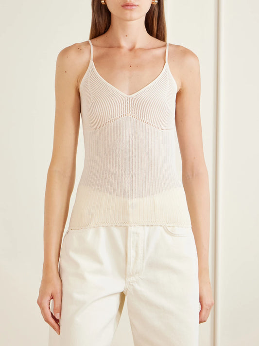 Image of a model wearing Tops. Product name - Saloma Silk And Cotton-blend Knitted Tank in Ecru colour by brand - ISABEL MARANT