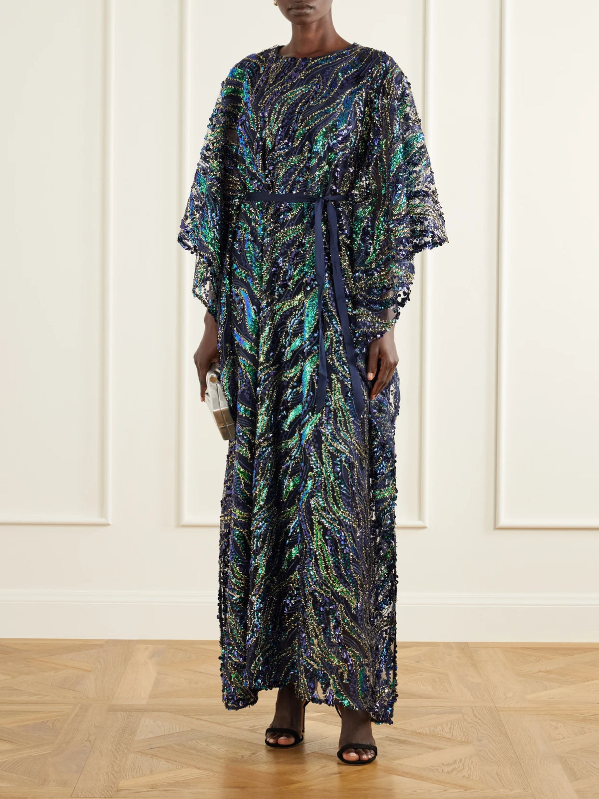 Image of Dresses. Product name - Firefly Belted Draped Sequined Tulle Gown in Multi colour by brand - Taller Marmo