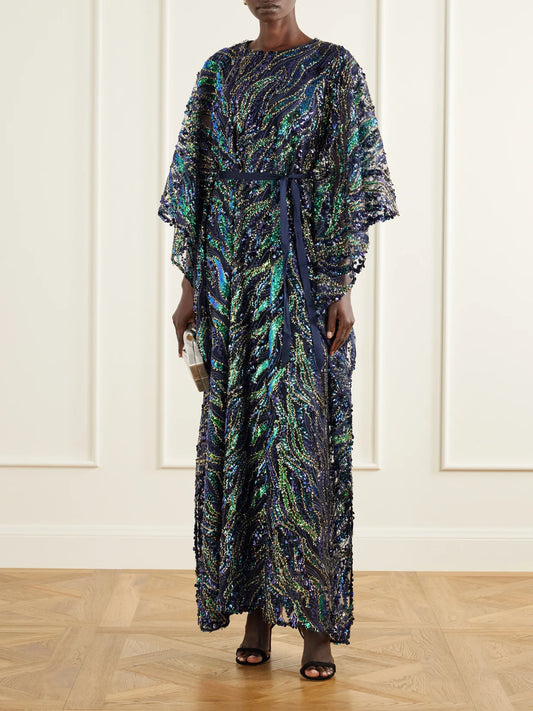 Image of Dresses. Product name - Firefly Belted Draped Sequined Tulle Gown in Multi colour by brand - Taller Marmo