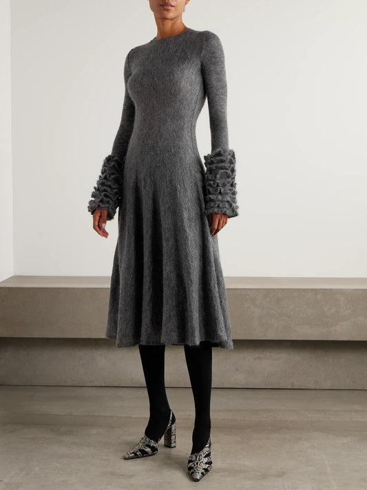 Image of Dresses. Product name - Ruffled Mohair-blend Midi Dress in Light gray colour by brand - Alaïa
