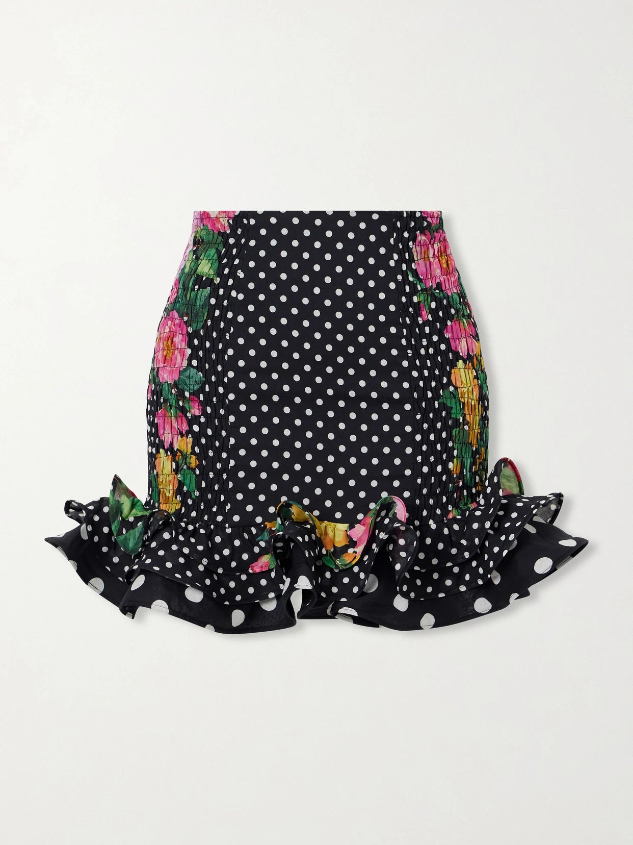 Alameda Shirred Ruffled Floral-print Polka-dot Cotton-blend Mini Skirt