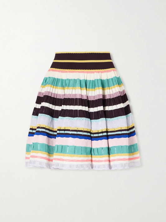 Image of a model wearing Skirts. Product name - Striped Knitted Crinoline Mini Skirt in Multi colour by brand - Alaïa