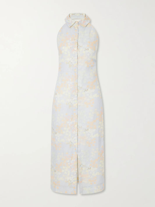 Image of Dresses. Product name - Cici Jasmin Floral-print Linen Halterneck Midi Dress in Light blue colour by brand - BERNADETTE