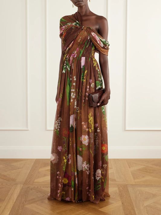 Image of Dresses. Product name - Off-the-shoulder Pleated Floral-print Silk-chiffon Gown in Brown colour by brand - Oscar de la Renta