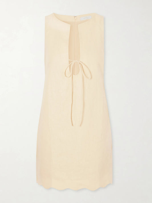 Image of Dresses. Product name - Alondra Tie-detailed Scalloped Linen Mini Dress in Yellow colour by brand - Faithfull