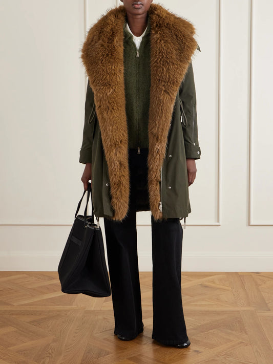 Image of Coats & Jackets. Product name - Halicte Hooded Plush-trimmed Shell Down Parka in Forest green colour by brand - Moncler