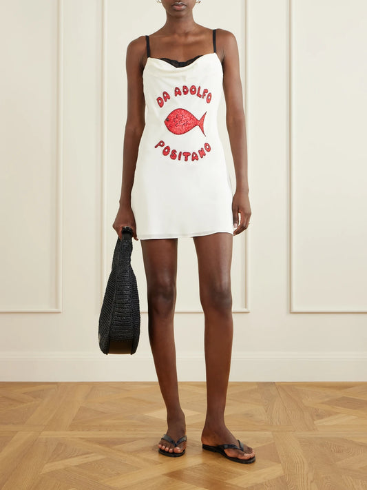 Image of Dresses. Product name - Evangeline Lace-trimmed Embellished Silk Mini Dress in White colour by brand - STAUD