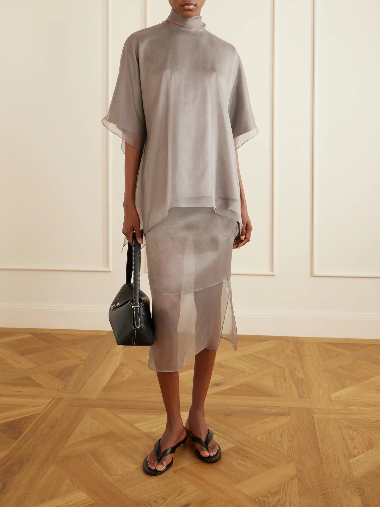 Image of Blouses. Product name - The Cali Tie-detailed Layered Silk-organza Blouse in Gray colour by brand - Brandon Maxwell