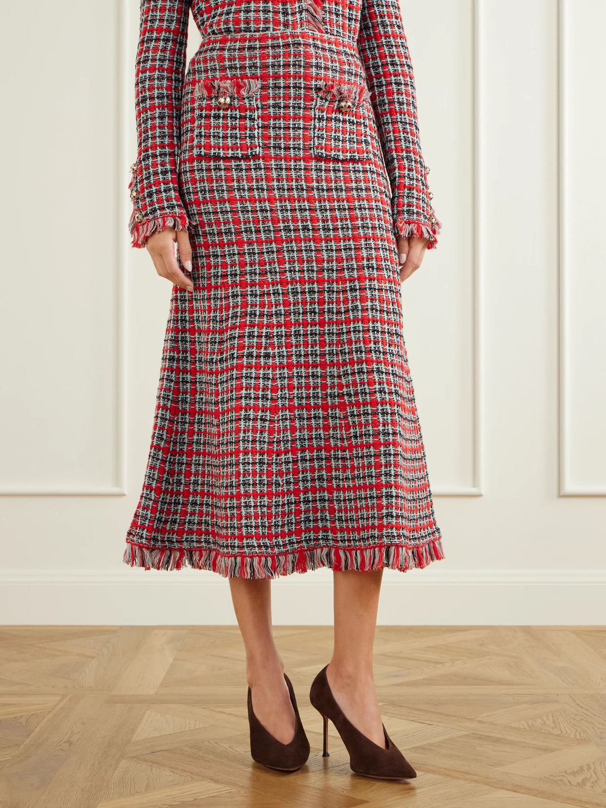 Self-Portrait Frayed Cotton-blend Tweed Midi Skirt