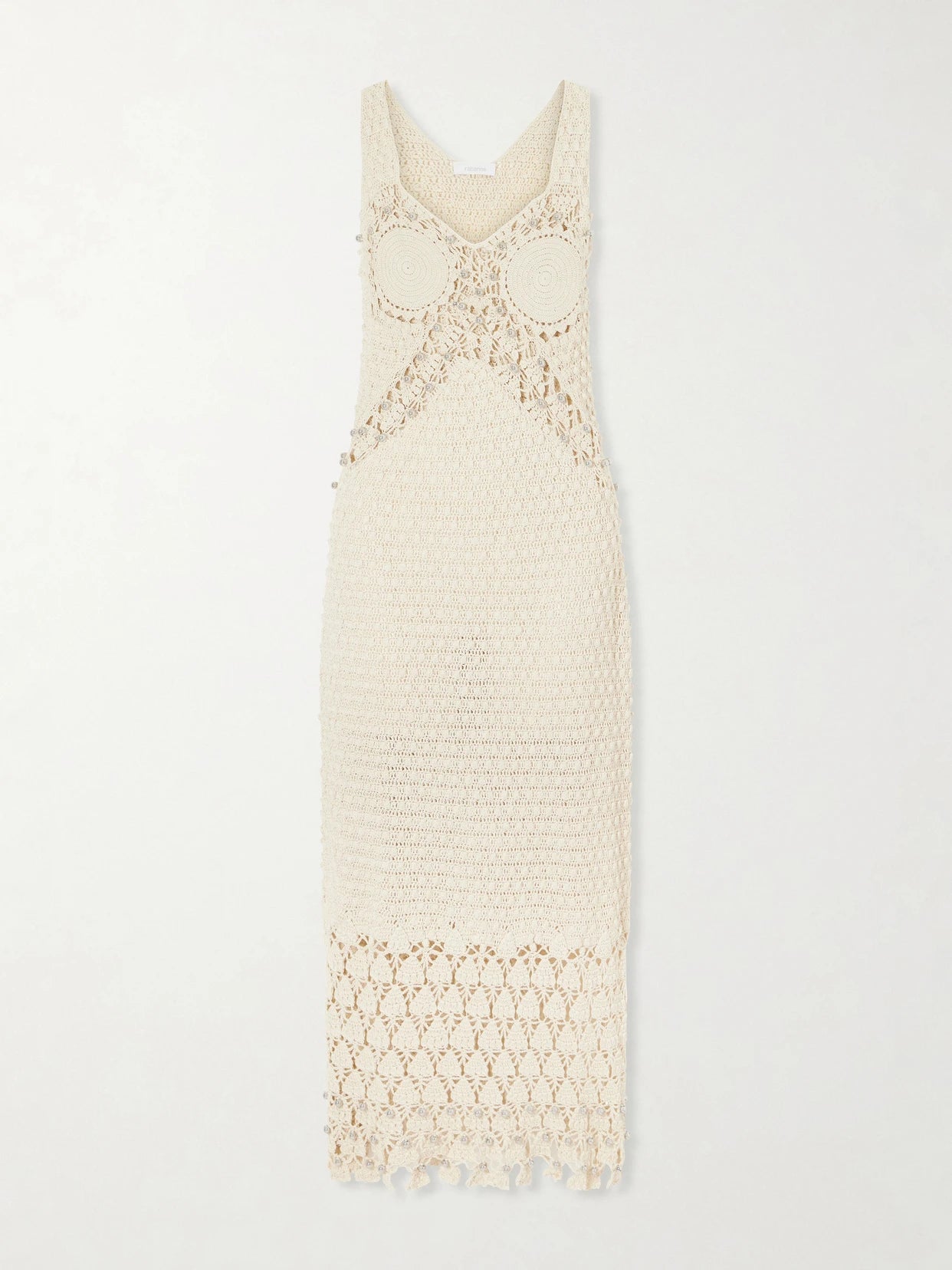 Image of Dresses. Product name - Embellished Crocheted Cotton Midi Dress in Ecru colour by brand - RABANNE