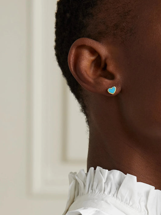 Image of Earrings. Product name - Extra Small Heart 18-karat Gold Turquoise Earrings in Multi colour by brand - Jennifer Meyer