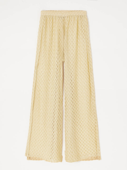 Image of a model wearing Pants. Product name - Mare Metallic Crochet-knit Wide-leg Pants in Gold colour by brand - Missoni