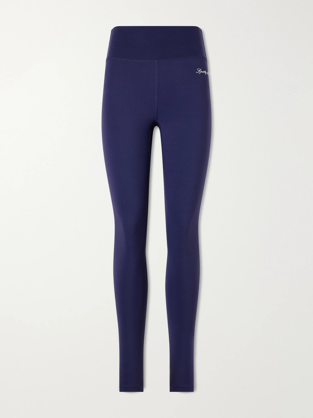 Image of a model wearing Pants. Product name - Embroidered Jersey Leggings in Navy colour by brand - Sporty & Rich