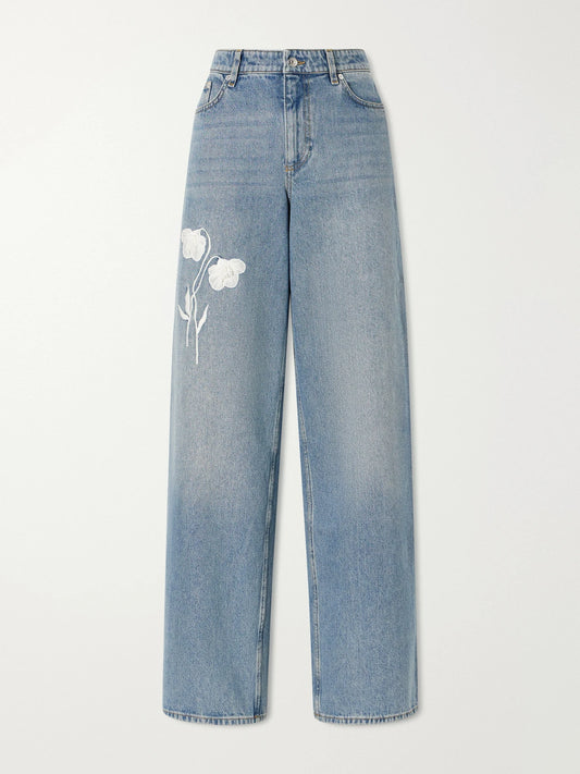 Image of Jeans. Product name - Mid-rise Straight-leg Floral-embroidered Jeans in Light denim colour by brand - Erdem
