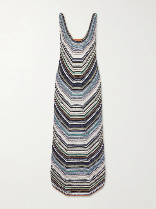 Image of Dresses. Product name - Striped Metallic Crochet-knit Midi Dress in Blue colour by brand - Missoni
