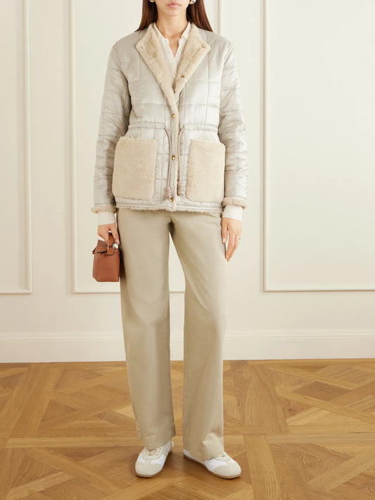 Image of Coats & Jackets. Product name - Tipule Plush And Leather-trimmed Shell Jacket in Cream colour by brand - Moncler