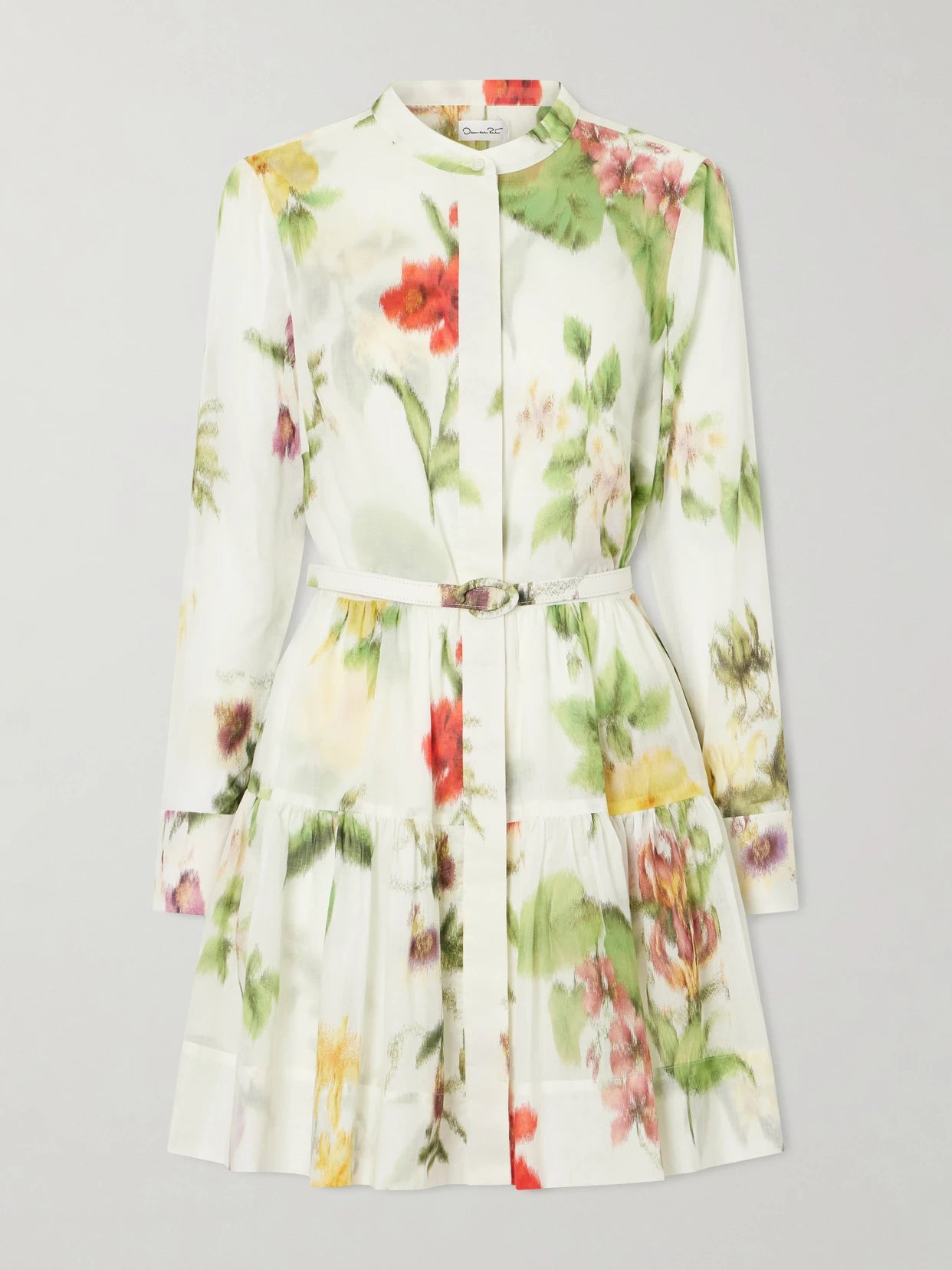 Image of Dresses. Product name - Belted Floral-print Cotton-voile Mini Dress in White colour by brand - Oscar de la Renta