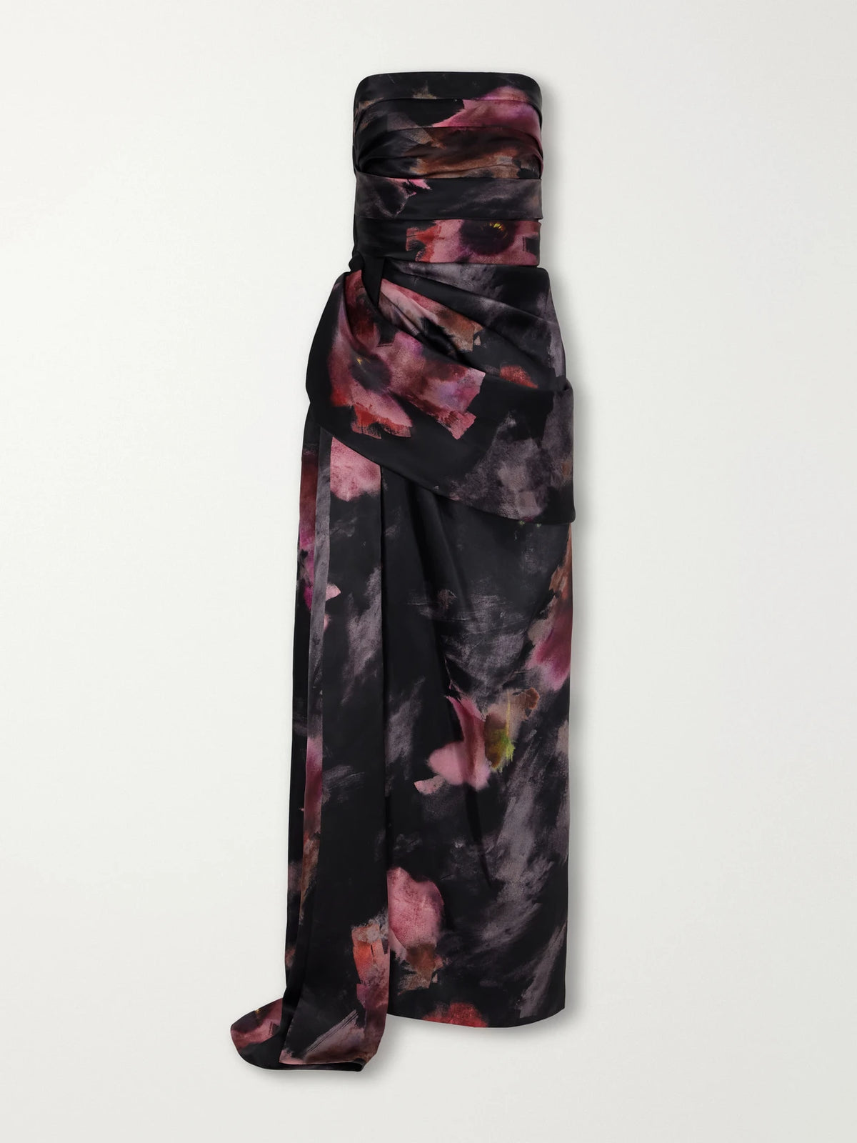 Elie Saab Strapless Pleated Floral-print Silk-blend Organza Gown