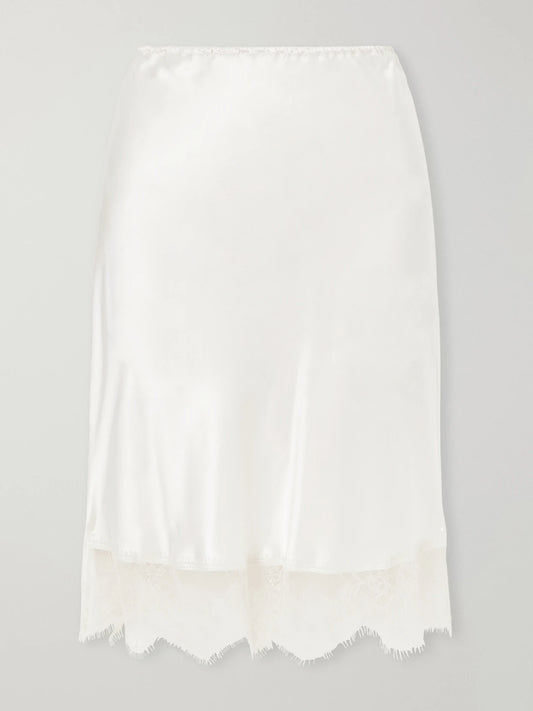 Image of Lingerie. Product name - Lace-trimmed Silk-satin Midi Skirt in Ivory colour by brand - Carine Gilson