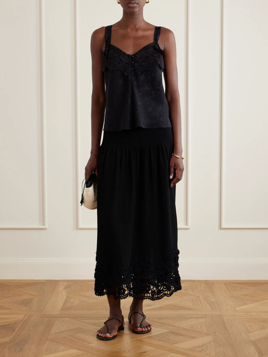 Image of a model wearing Skirts. Product name - Leona Crochet-trimmed Ribbed Midi Skirt in Black colour by brand - Ulla Johnson