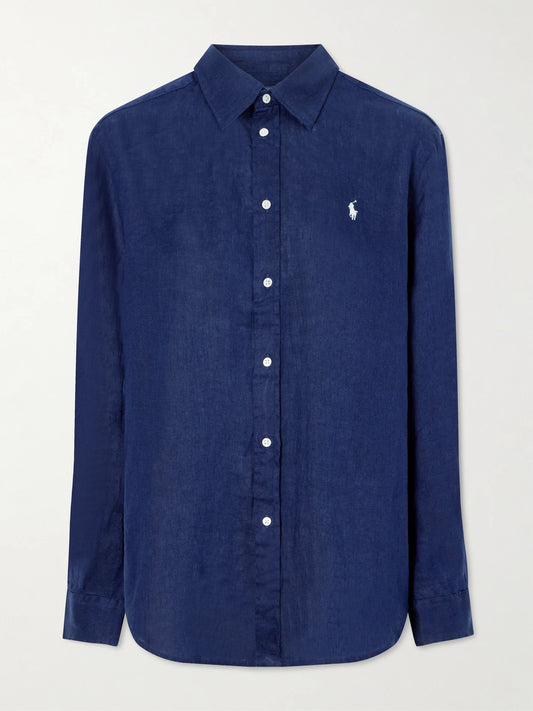 Image of a model wearing Tops. Product name - Embroidered Linen Shirt in Navy colour by brand - Polo Ralph Lauren