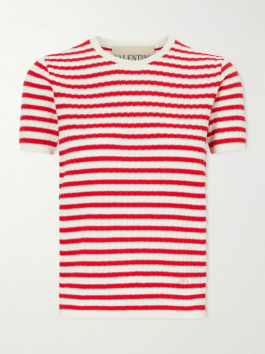 Image of a model wearing Tops. Product name - Embellished Striped Ribbed Cotton T-shirt in Red colour by brand - Valentino Garavani
