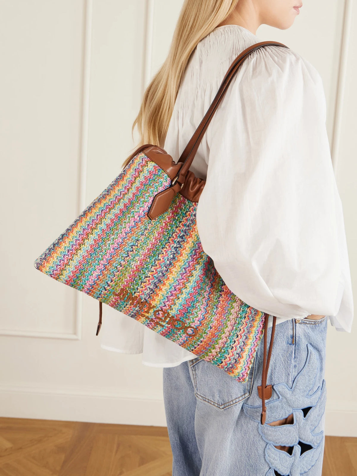 Image of Bags. Product name - Leather-trimmed Striped Raffia Tote Bag in Multi colour by brand - Jimmy Choo