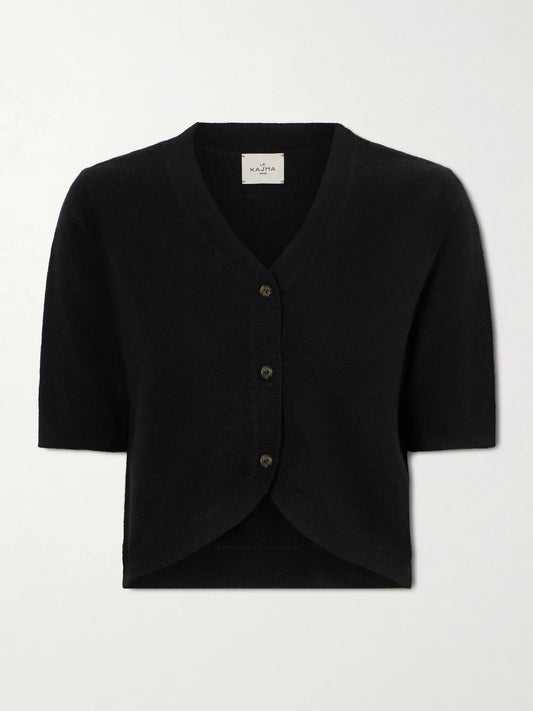 Image of a model wearing Outerwear. Product name - Fano Cropped Cashmere Cardigan in Black colour by brand - Le Kasha