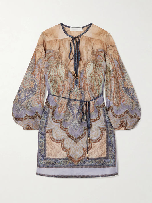 Image of Dresses. Product name - Wanderlust Belted Printed Silk Tunic in Blue colour by brand - Zimmermann